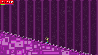 pixel mockup of a side-scrolling game where a small character grinds down a long rail in a massive structure